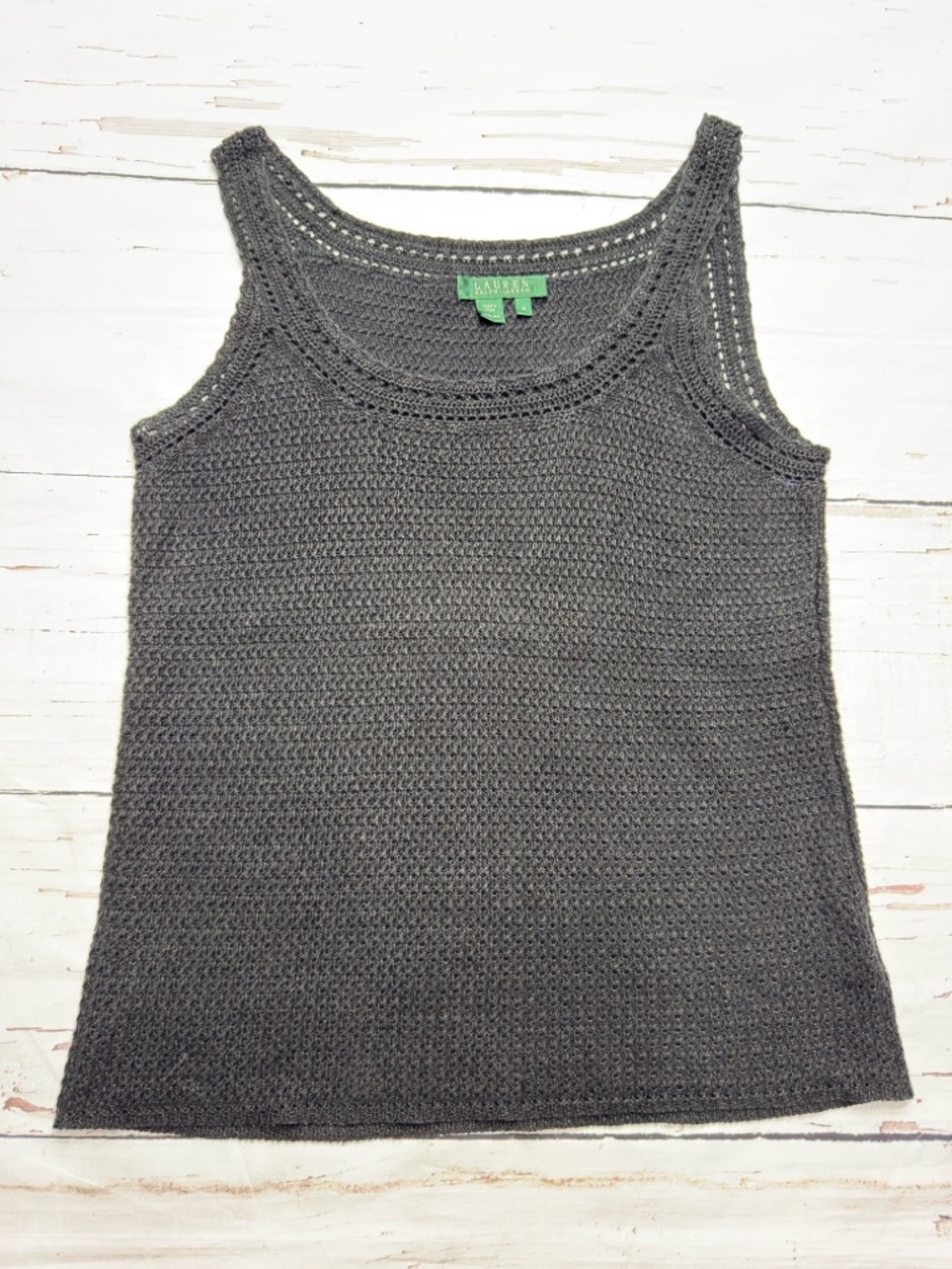 Lauren Ralph Lauren Crochet Linen Tank Top Black M Coastal Boho - Picture 2 of 7